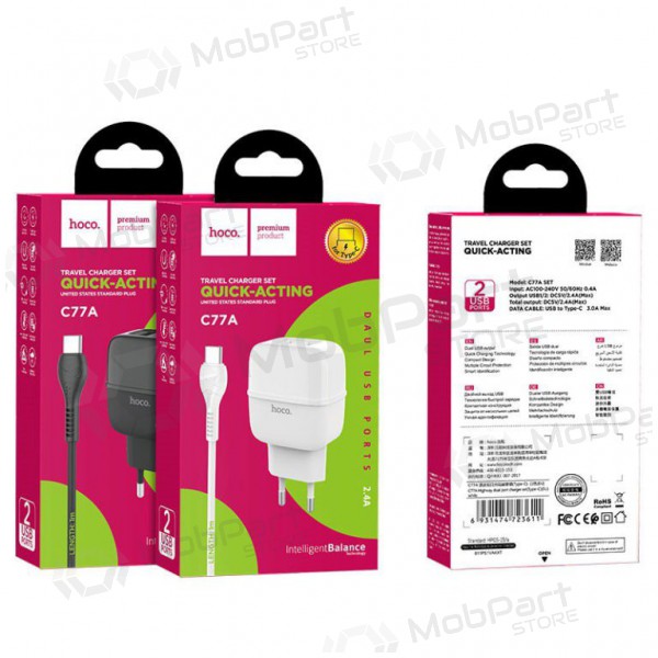 Ladegerät HOCO C77A Highway Dual USB + lightning Kabel (5V 2.4A) (Schwarz)
