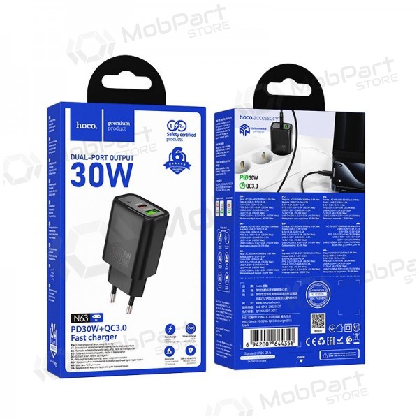 Telefonladegerät Hoco N63 30 W GaN USB-C + USB-A schwarz