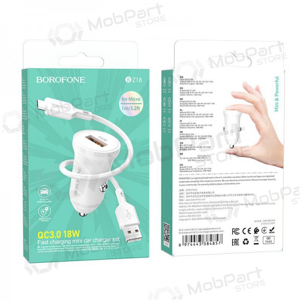 Ladegerät automobilinis Borofone BZ18 Quick Charge 3.0 18W + MicroUSB (Weiß)