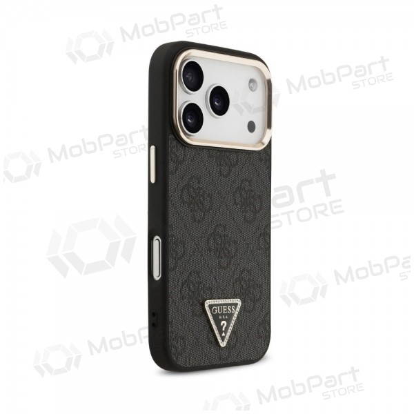Apple iPhone 18 Pro Hülle - Guess PU Leather 4G Strass Triangle Logo Gold Frame MagSafe (schwarz)