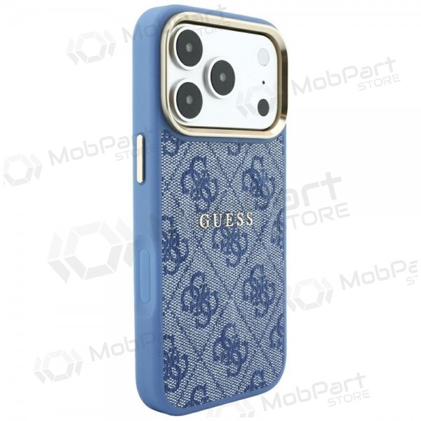 Apple iPhone 18 Pro Hülle - Guess PU Leather 4G Gold Frame Embossed MagSafe (blau)