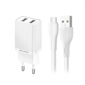 Ladegerät Awei C15T-EU 2xUSB-A 10W + USB to USB-C cable Weiß