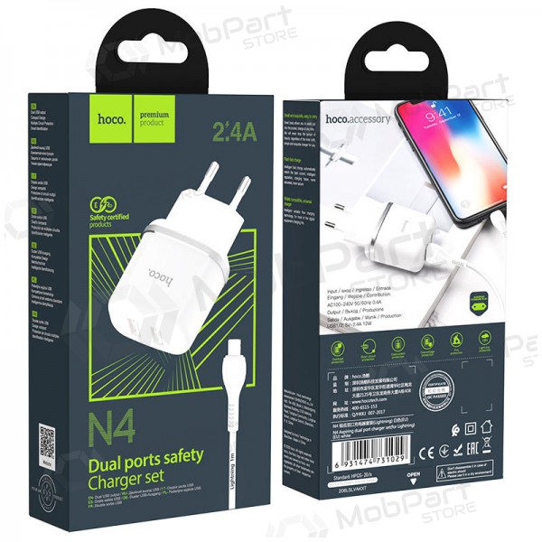 Ladegerät Hoco N4 X 2 USB  jungtimis + Lightning (2.4A) (Weiß)