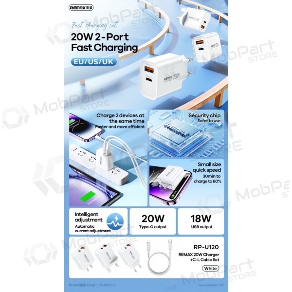 Telefonladegerät Remax RP-U120 20 W USB-C + USB-A mit Lightning-Kabel 1 m weiß