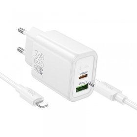 Telefonladegerät Hoco N63 30 W GaN USB-C + USB-A mit Lightning-Kabel 1 m weiß