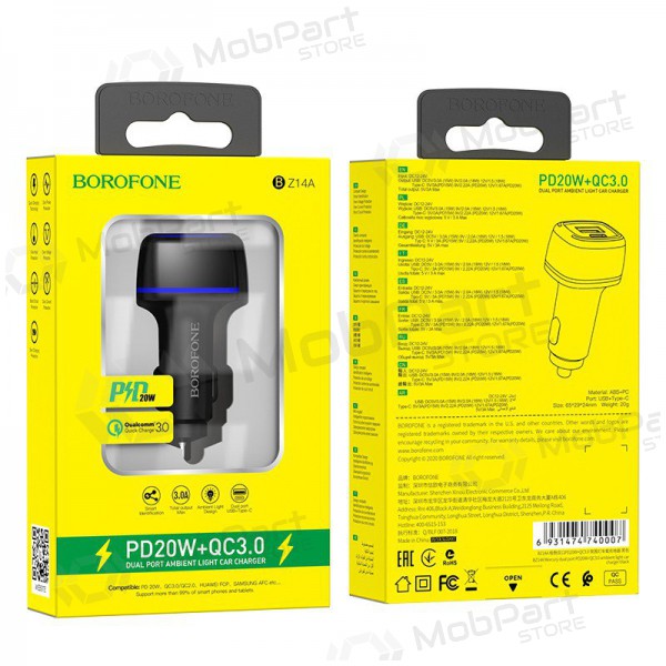 Ladegerät automobilinis Borofone BZ14A PD20W+QC3.0 x 2 USB (Type-C to Lightning) (Schwarz)