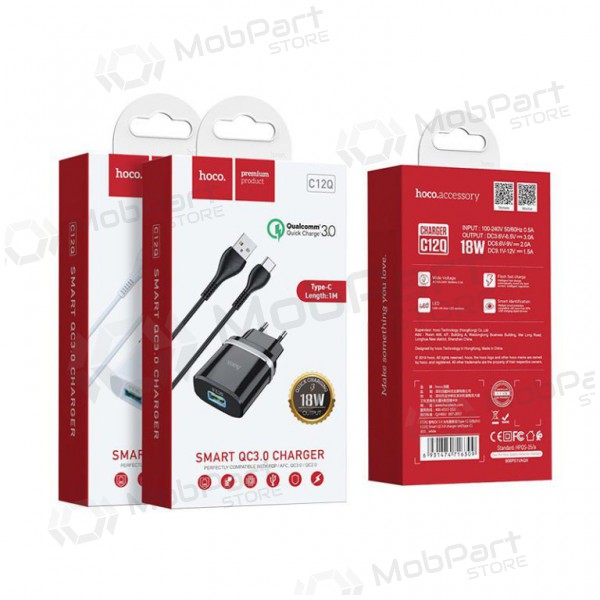 Ladegerät HOCO C12Q Smart USB + microUSB Kabel (QC3.0) (Schwarz)