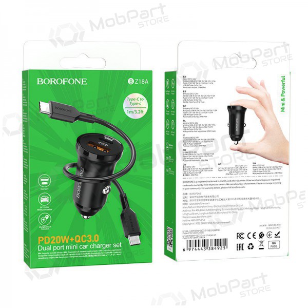 Ladegerät automobilinis Borofone BZ18A USB-A/Type-C PD20W+QC3.0 + Type-C (Schwarz)
