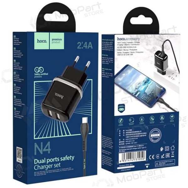 Ladegerät HOCO N4 Aspiring Dual USB + type-C Kabel (5V 2.4A) (Schwarz)