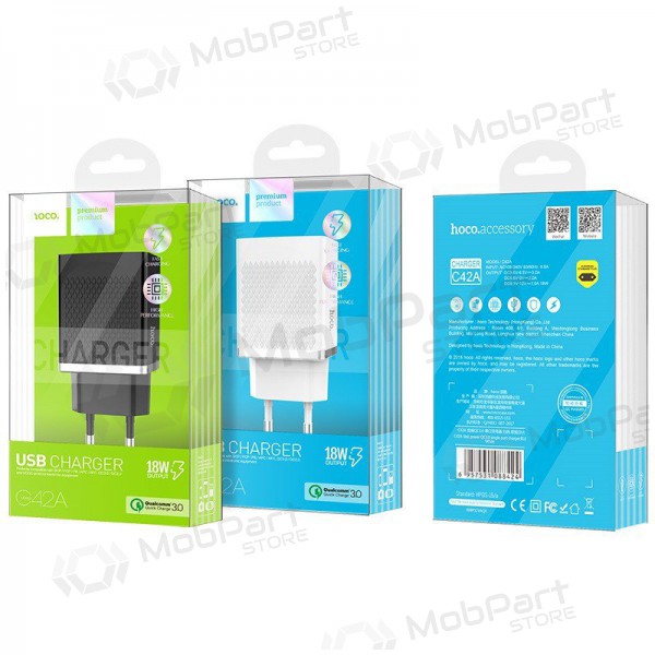 Ladegerät HOCO C42A Vast power QC3.0 USB 18W (3.6V-6.5V/3A, 6.6V-9V/2A, 9.1V-12V/1.5A) (Schwarz)