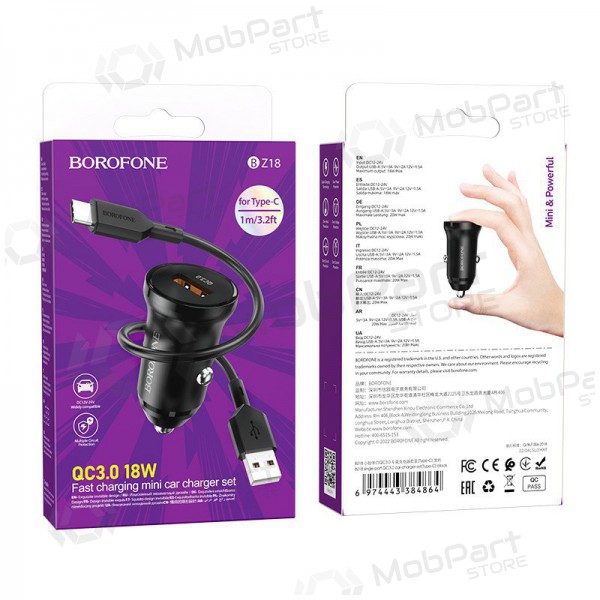 Ladegerät automobilinis Borofone BZ18 Quick Charge 3.0 18W + Type-C (Schwarz)