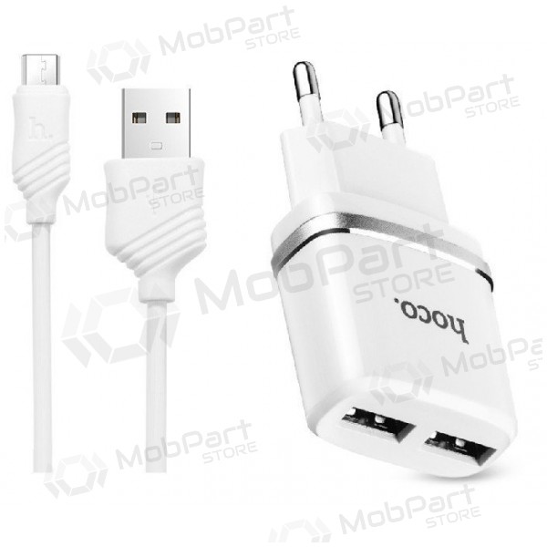 Ladegerät HOCO C12 Smart Dual USB + microUSB Kabel (2.4A) (Weiß)
