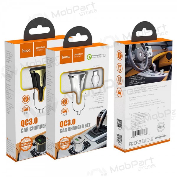 Ladegerät automobilinis Hoco Z31 Quick Charge 3.0 (3.4A) x 2 USB + Type-C (Weiß)