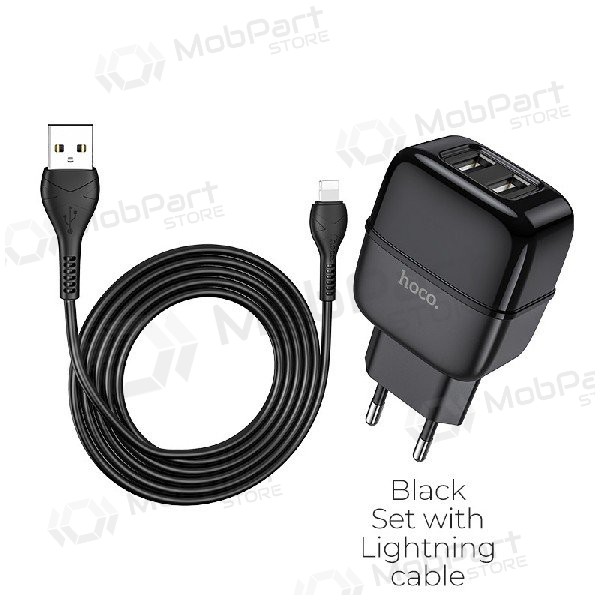 Ladegerät HOCO C77A Highway Dual USB + lightning Kabel (5V 2.4A) (Schwarz)
