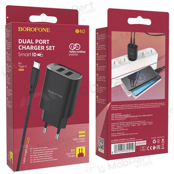 Ladegerät Borofone BN2 2xUSB 2.1A + USB Type-C (Schwarz)