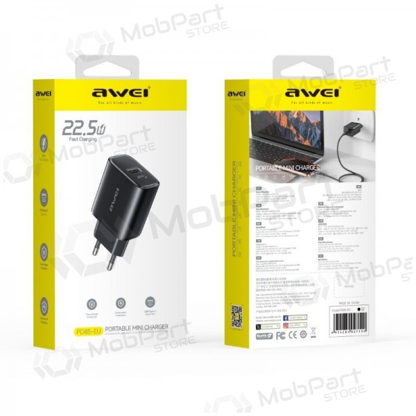 Telefonladegerät Awei PD85-EU 22.5 W USB-C + USB-A schwarz