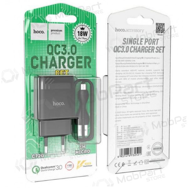 Ladegerät HOCO C72Q Glorious USB + microUSB Kabel (QC3.0) (Schwarz)