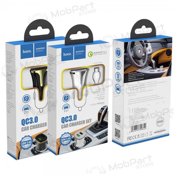 Ladegerät automobilinis Hoco Z31 Quick Charge 3.0 (3.4A) x 2 USB + microUSB (Weiß)
