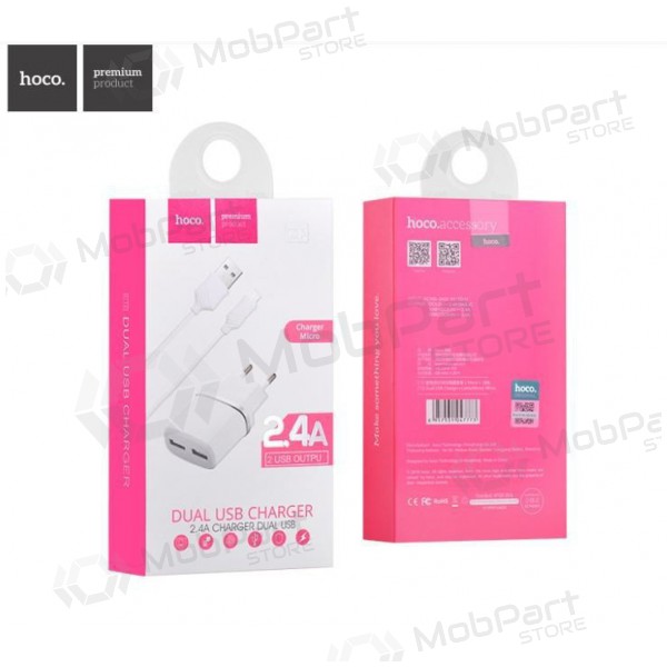Ladegerät HOCO C12 Smart Dual USB + microUSB Kabel (2.4A) (Weiß)