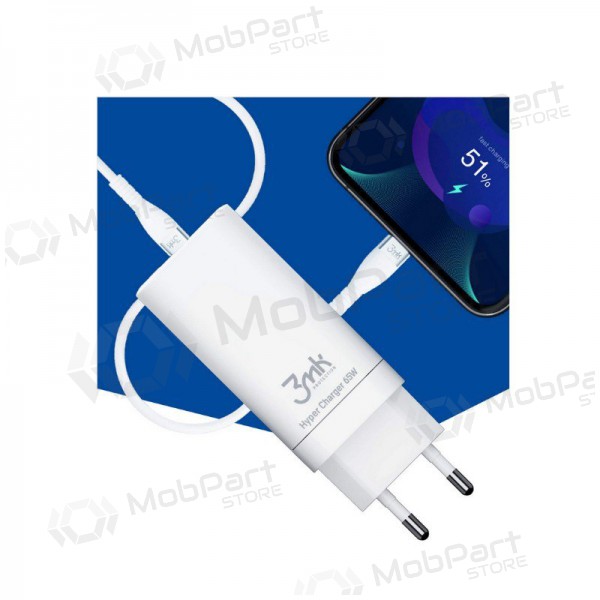 Ladegerät 3MK HyperCharger 65W 2xUSB-C, 1xUSB-A PD 3.0/QC 4.0 (Weiß)