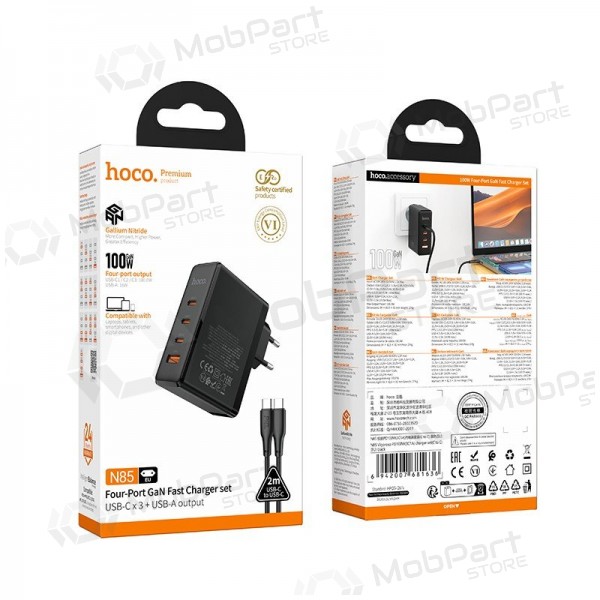 Netzladegerät Hoco N85 100 W 3x USB-C + USB-A mit USB-C Kabel 2 m schwarz