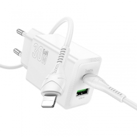 Telefonladegerät Hoco N71 30 W GaN USB-C + USB-A mit Lightning Kabel 1 m weiß