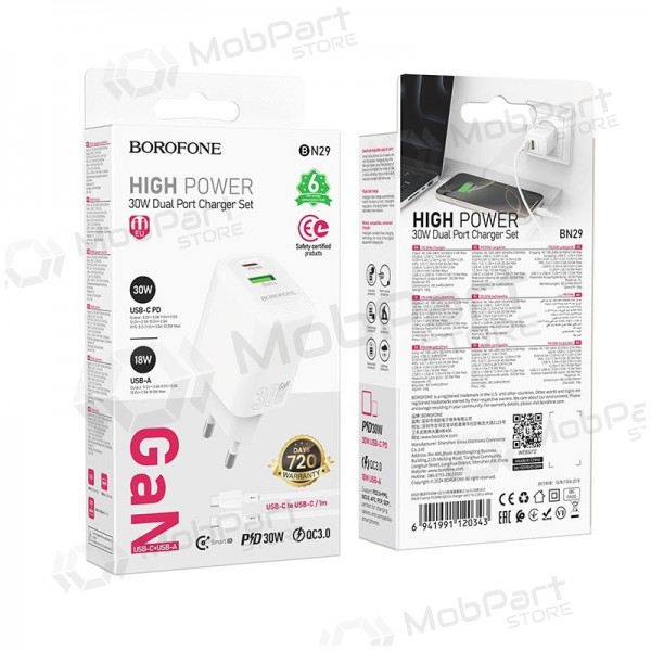 Telefonladegerät Borofone BN29 30 W USB-C + USB-A mit USB-C Kabel 1 m weiß