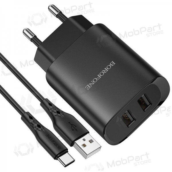 Ladegerät Borofone BN2 2xUSB 2.1A + USB Type-C (Schwarz)