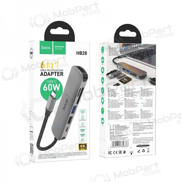 USB-C adapter Hoco HB28 USB-C zu HDMI + USB 3.0 + USB 2.0 + SD + TF + PD grau