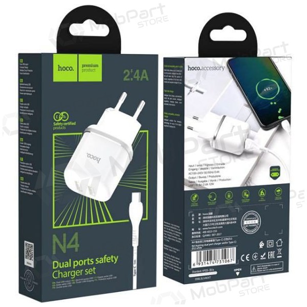 Ladegerät HOCO N4 Aspiring Dual USB + type-C Kabel (5V 2.4A) (Weiß)
