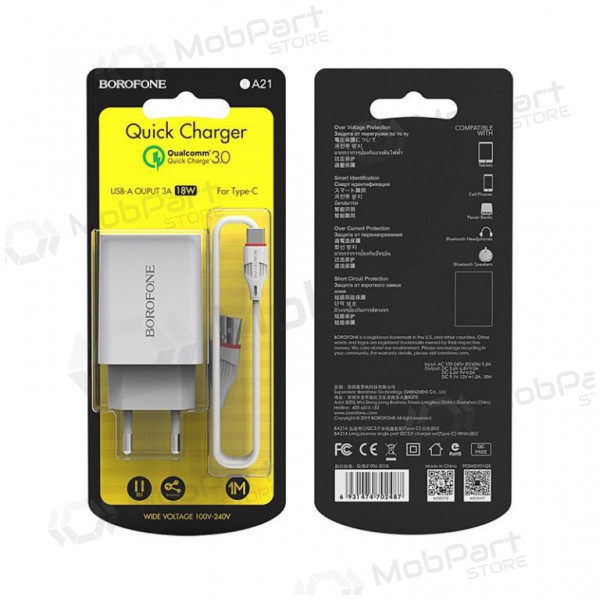 Ladegerät BOROFONE BA21A Long journey QC3.0 USB + Type-C Kabel 18W (3.6V-6.5V/3A, 6.6V-9V/2A, 9.1V-12V/1.5A) (Weiß)