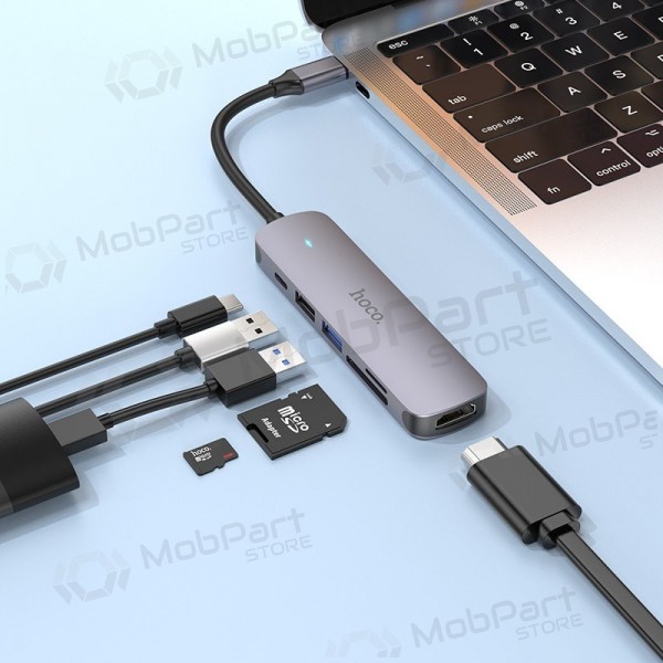 USB-C adapter Hoco HB28 USB-C zu HDMI + USB 3.0 + USB 2.0 + SD + TF + PD grau