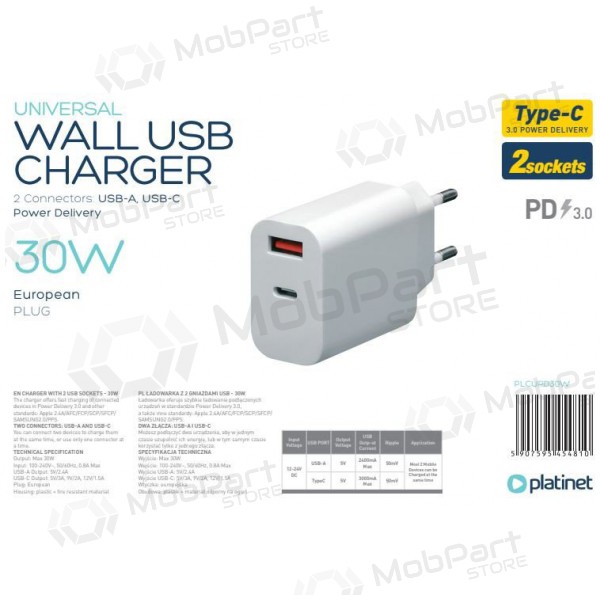 Platinet QuickCharge Type-C+USB 2.4A (30W) Ladegerät