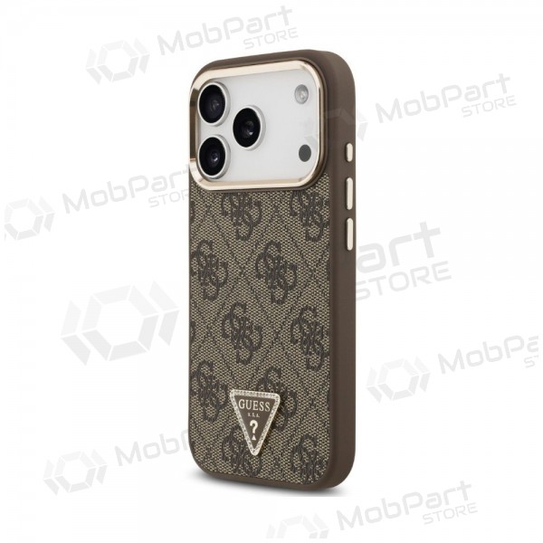 Apple iPhone 18 Pro Hülle - Guess PU Leather 4G Strass Triangle Logo Gold Frame MagSafe (braun)