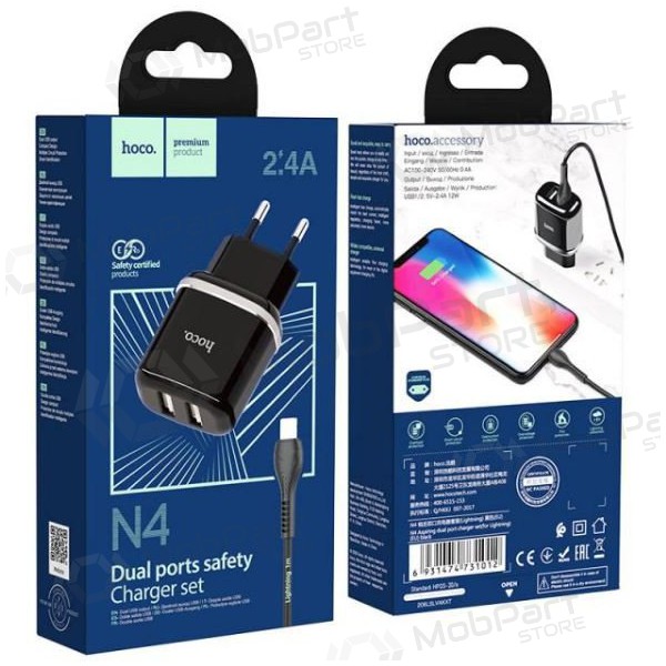 Ladegerät HOCO N4 Aspiring Dual USB + type-C Kabel (5V 2.4A) (Schwarz)