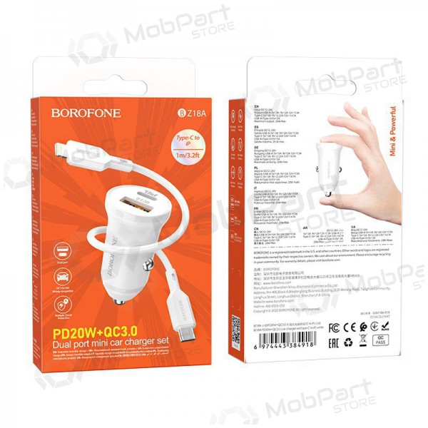 Ladegerät automobilinis Borofone BZ18A USB-A/Type-C PD20W+QC3.0 + Lightning (Weiß)