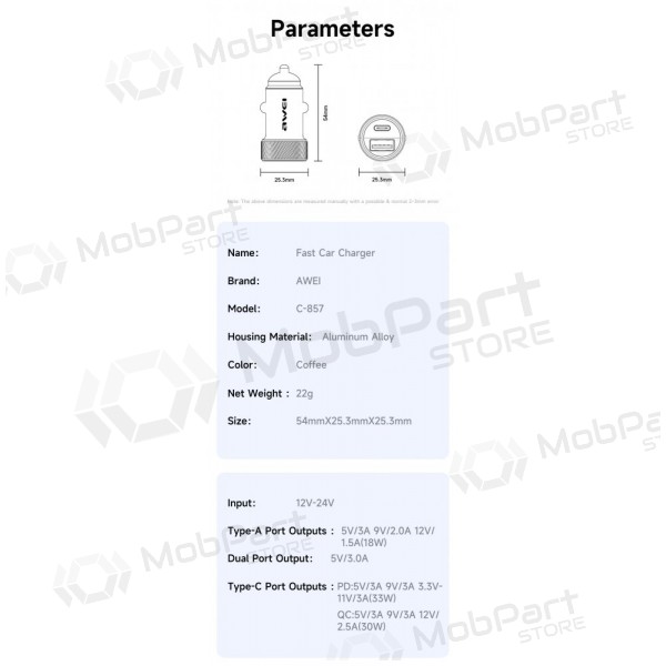 Auto-Ladegerät Awei C-857 33W USB-C/USB-A Schwarz