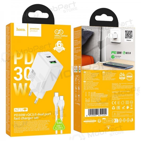 Hoco N71 30 W GaN USB-C + USB-A Telefonladegerät mit 1 m USB-C Kabel, weiß