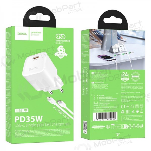 Telefonladegerät Hoco N66 35 W GaN USB-C + USB-A mit Lightning-Kabel 1 m weiß