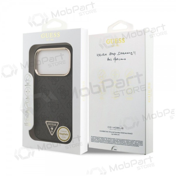 Apple iPhone 18 Pro Hülle - Guess PU Leather 4G Strass Triangle Logo Gold Frame MagSafe (schwarz)