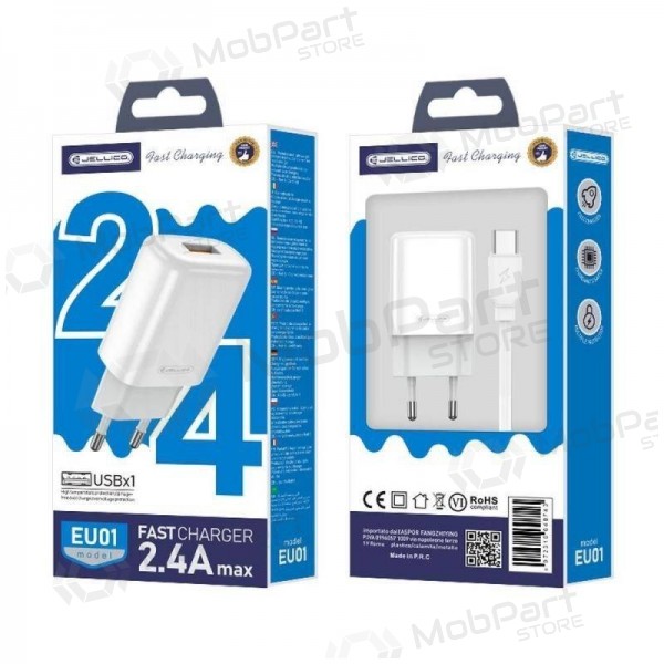 Ladegerät buitinis Jellico EU01 2.4A USB + Type-C Weiß