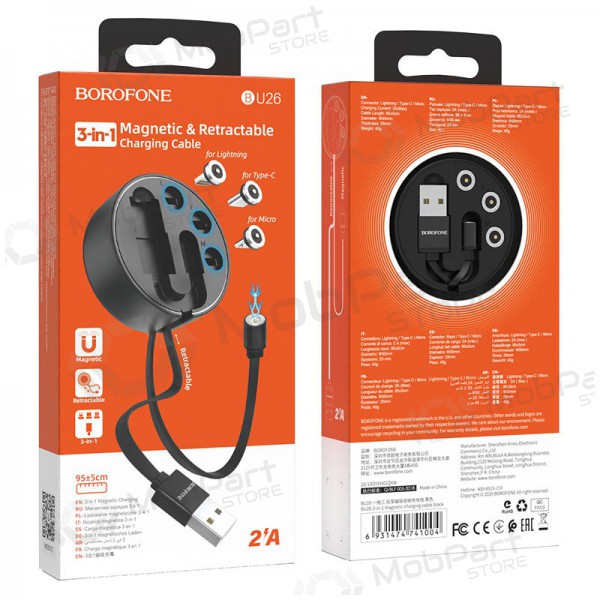 USB Kabel Borofone BU26 3in1 microUSB-Lightning-Type-C magnetinic 1.0m (Schwarz)
