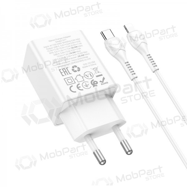 Telefonladegerät Hoco N71 30 W GaN USB-C + USB-A mit Lightning Kabel 1 m weiß
