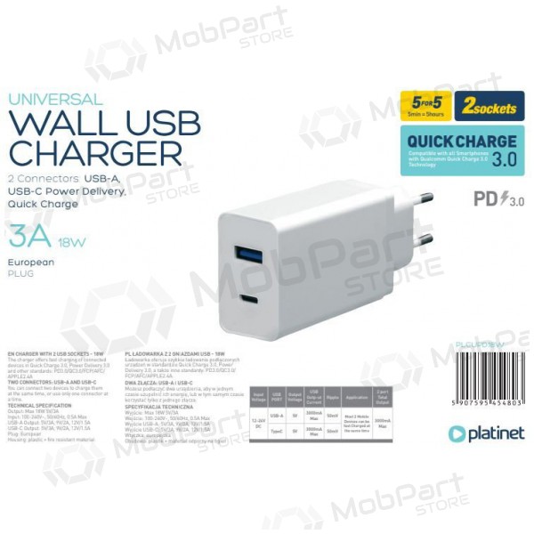 Platinet QuickCharge Type-C+USB 3.0A (18W) Ladegerät