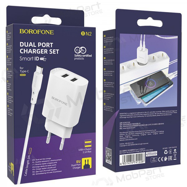 Ladegerät Borofone BN2 2xUSB 2.1A + USB Type-C (Weiß)