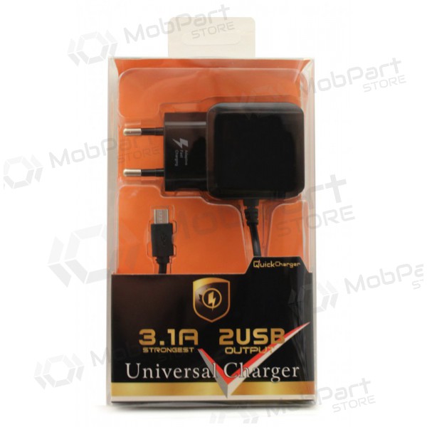 Ladegerät F13c FastCharging x 2 USB (3.1A) + microUSB (schwarz)