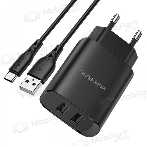 Ladegerät Borofone BN2 2xUSB 2.1A + USB Type-C (Schwarz)