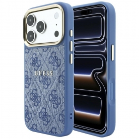 Apple iPhone 18 Pro Max Hülle - Guess PU Leather 4G Gold Frame Embossed MagSafe (blau)