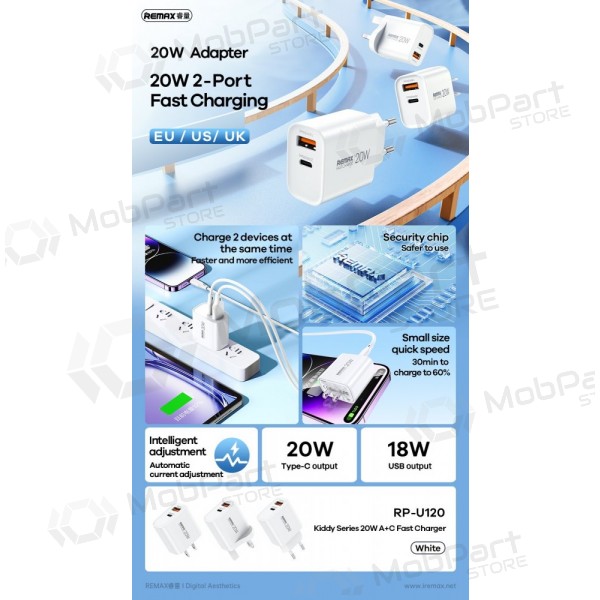 Telefonladegerät Remax RP-U120 20 W USB-C + USB-A weiß