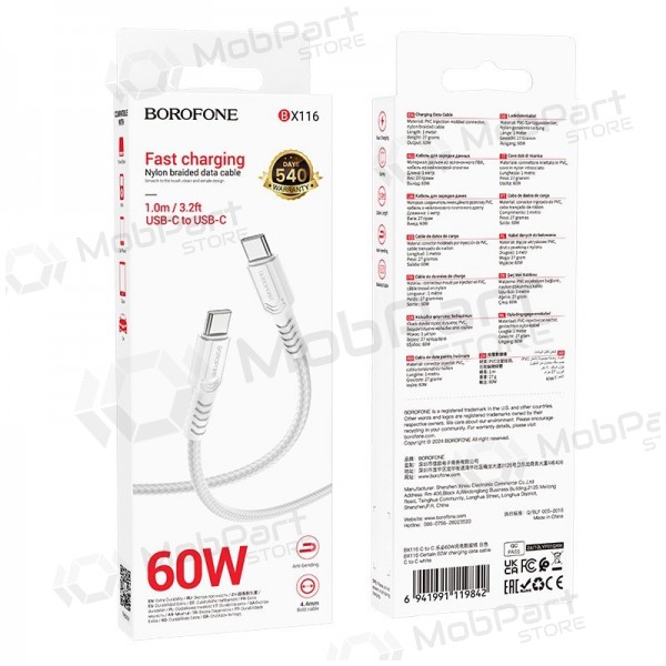 USB-C-kabel Borofone BX116 USB-C zu USB-C 1 m 60 W weiß